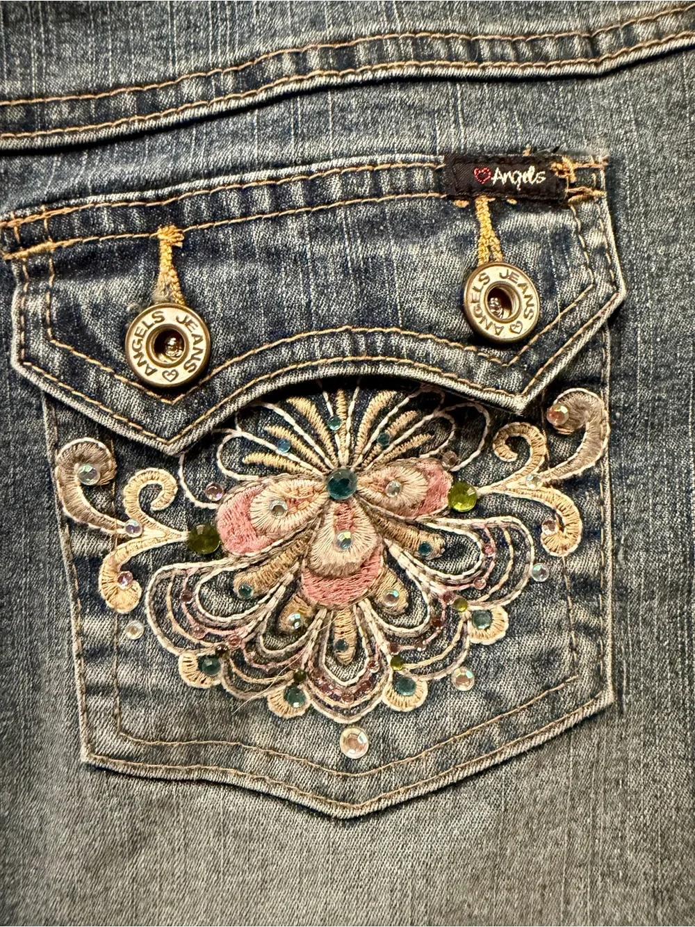 Vintage Y2K Angels Rhinestone Bedazzled Denim Mini Skirt 13, great condition!